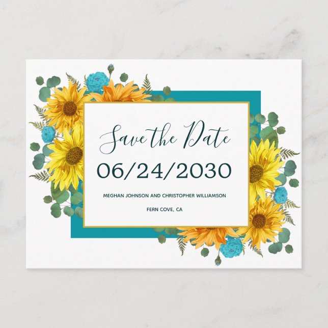 Carte Postale Faire-part Tournesol rustique Turquoise Roses mariage Enregis (Devant)