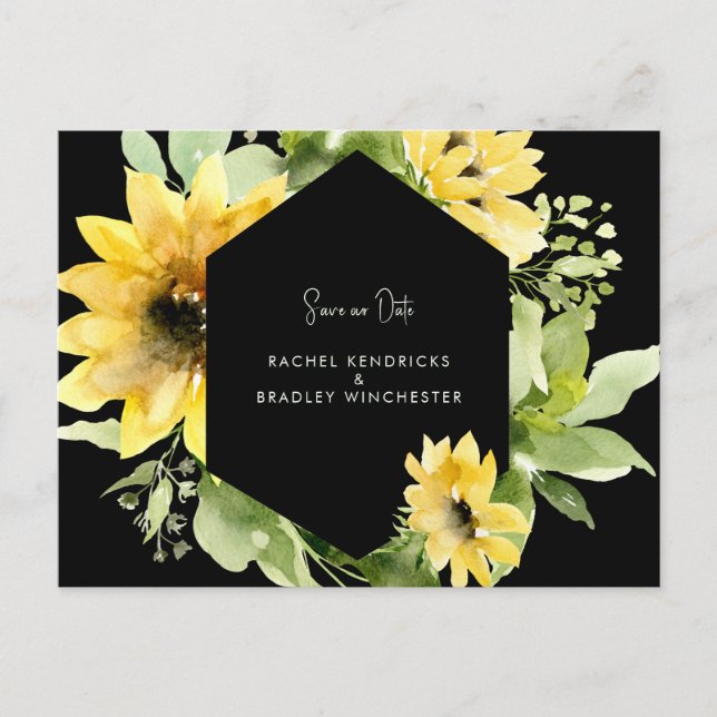 Carte Postale Faire-part Tournesol Sauvegarder Notre Date Mariage Noir Noir (Devant)