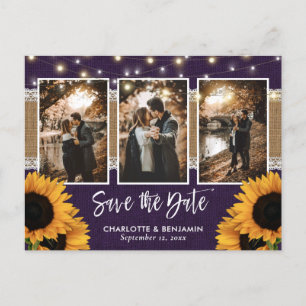 Carte Postale Faire-part Tournesol violet rustique Photo Enregistrer la dat