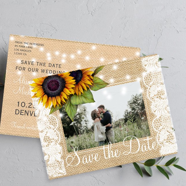 Carte Postale Faire-part Tournesols campagne dentelle de toile de jute enre (Créateur téléchargé)