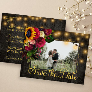 Carte Postale Faire-part Tournesols roses bois de grange enregistrer la dat