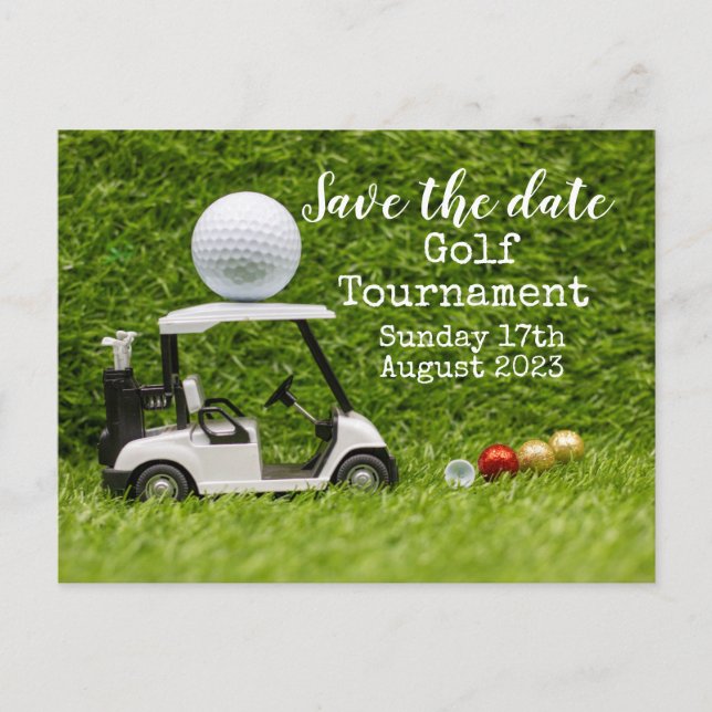Carte Postale Faire-part Tournoi de golf Golf Save the date avec voiturette (Devant)