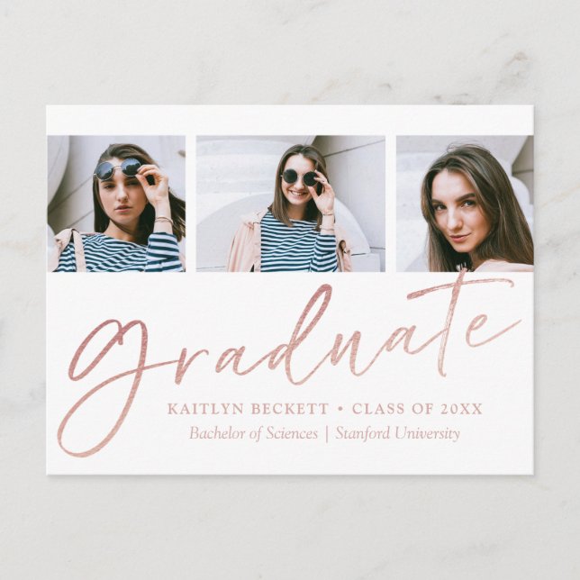Carte Postale Faire-part Trendy Rose Gold Foil Script 3 Photo Graduation (Devant)
