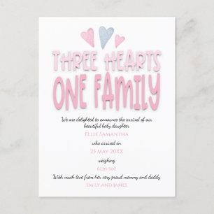 Carte Postale Faire-part Trois Coeurs Une Famille Rose Bébé Fille Naissance