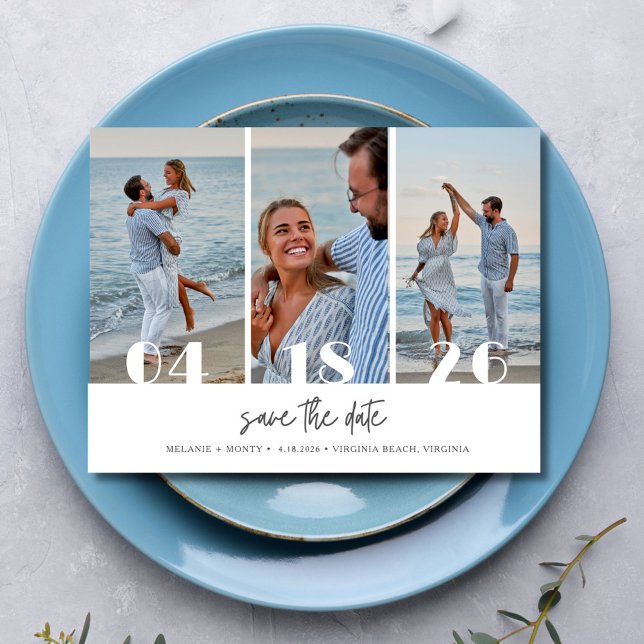 Carte Postale Faire-part Trois photos de mariage à la plage, Save the Date (Three Photo Beach Wedding Save the Date Announcement Postcard)
