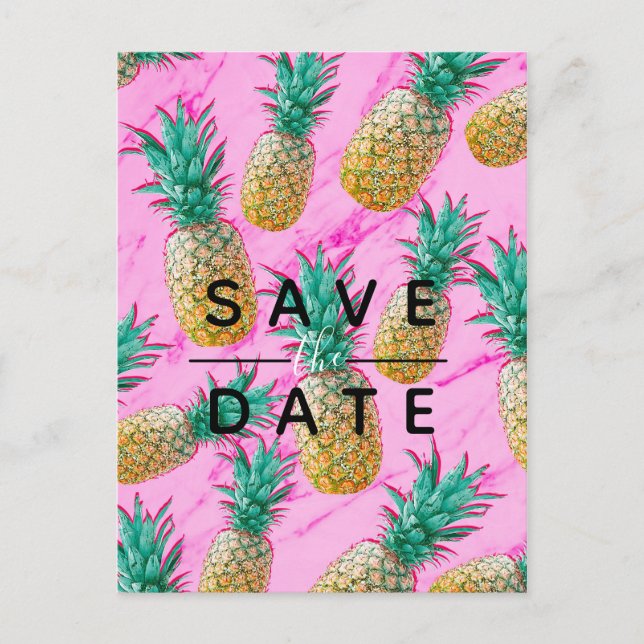 Carte Postale Faire-part Tropical Ananas Rose Marbre Enregistrer la Date (Devant)