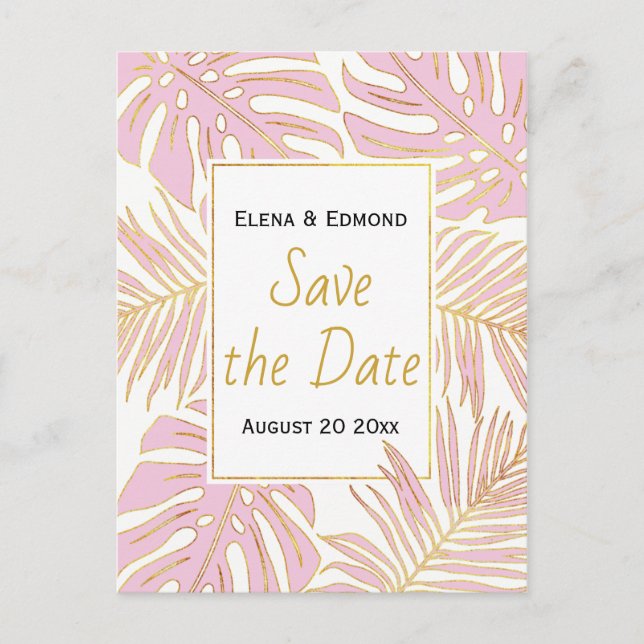 Carte Postale Faire-part Tropical feuilles moderne rose mariage Save the Da (Devant)