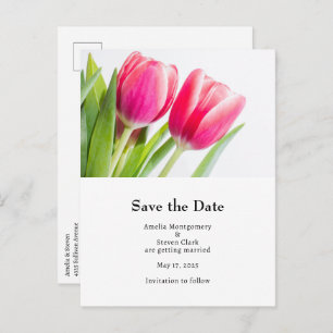 Carte Postale Faire-part Tulipes roses avec Mariage photo Feuille vert