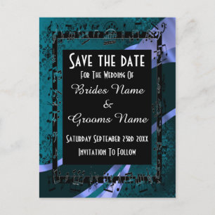 Carte Postale Faire-part Turquoise aqua damask et noir enregistrer la date
