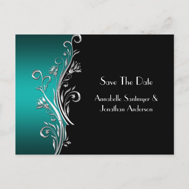 Carte Postale Faire-part Turquoise Black Silver Frotles Enregistrer La Date (Devant)