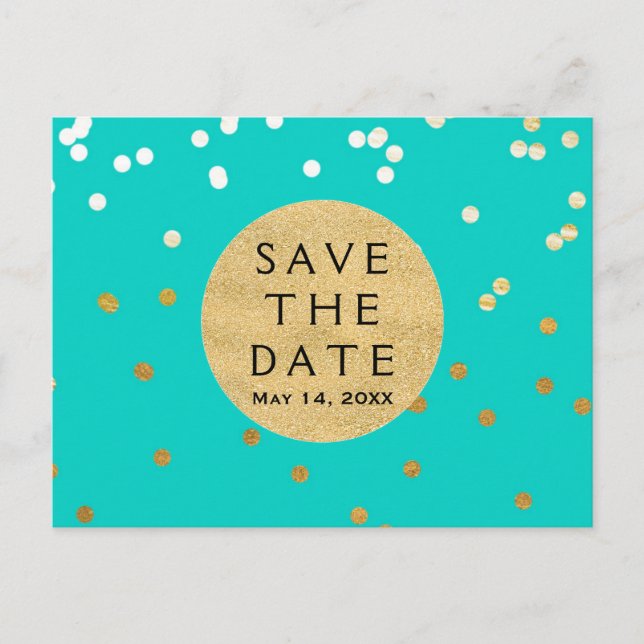 Carte Postale Faire-part Turquoise Blue & Gold Shiny Confetti Enregistrer L (Devant)