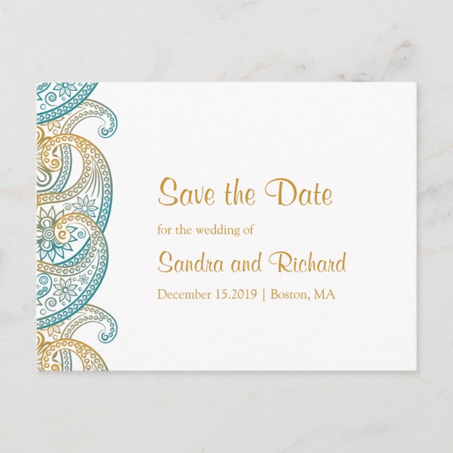 Carte Postale Faire-part Turquoise et Gold Indian Paisley Enregistrer la da (Devant)