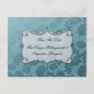 Carte Postale Faire-part Turquoise Floral Damask Enregistrer La Date