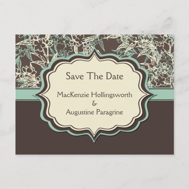 Carte Postale Faire-part Turquoise ivoire Floral Brown Enregistrer La Date (Devant)
