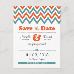 Carte Postale Faire-part Turquoise moderne & Orange Chevron & Lovebirds Mar