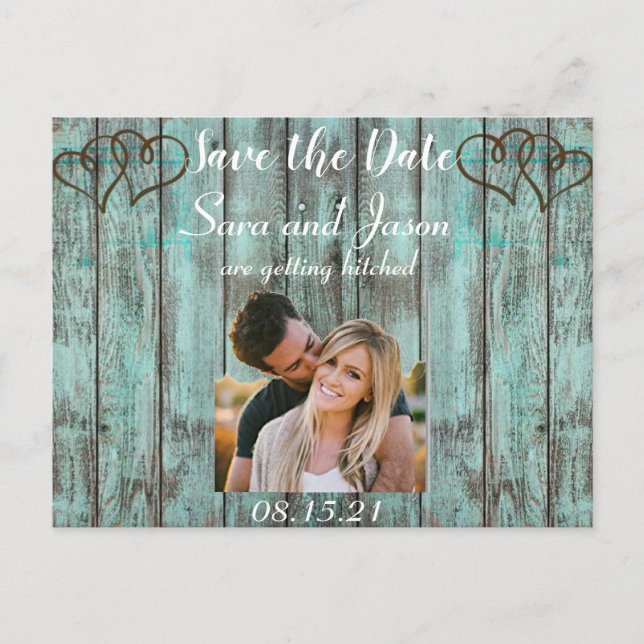 Carte Postale Faire-part Turquoise rustique Enregistrer la date (Devant)