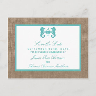 Carte Postale Faire-part Turquoise Seahorse Burlap Beach Wedding Collection