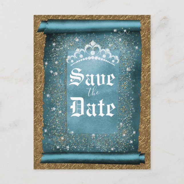 Carte Postale Faire-part Turquoise Sparkle Gold Diamond Tiara Scroll Date d (Devant)
