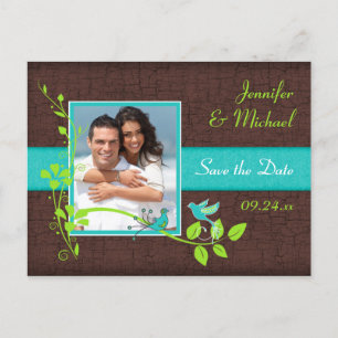 Carte Postale Faire-part Turquoise Vert Brun Floral Oiseaux Enregistrer la 