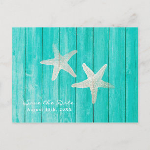 Carte Postale Faire-part Turquoise Wood & Starfish Beach Élégant Enregistre