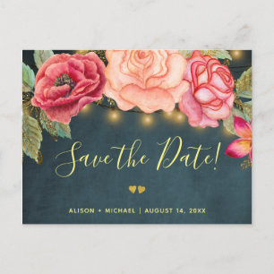 Carte Postale Faire-part Twinkles lumières marine blush rose mariage date d