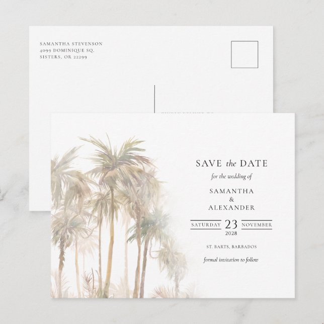 Carte Postale Faire-part Typographie Des Arbres Tropicaux Modernes Enregist (Devant / Derrière)