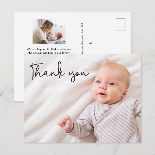 Carte Postale Faire-part Typographie moderne Merci Personnalisé Photos bébé (Devant / Derrière)