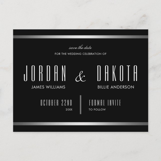 Carte Postale Faire-part Typographie moderne | Noir & Argent Enregistrer la (Devant)