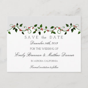 Carte Postale Faire-part Vacances d'hiver Mariage Holly Berry Enregistrer l