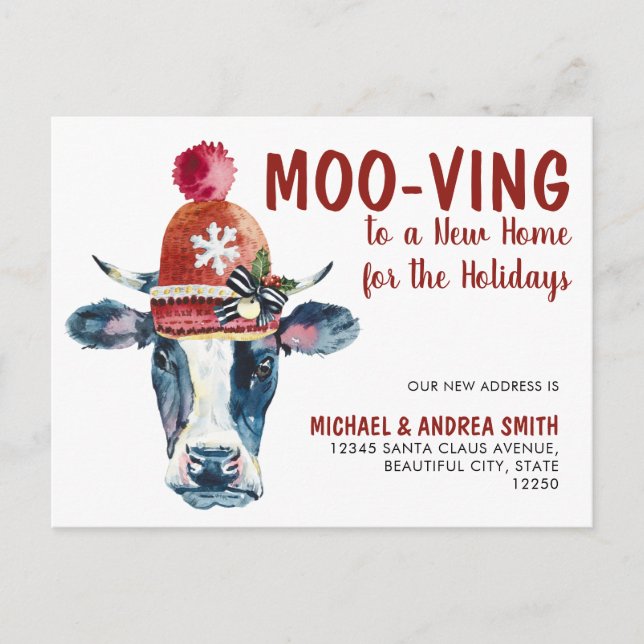 Carte Postale Faire-part Vache Moo-ving Nouvelle maison pour Noël Vacances  (Devant)