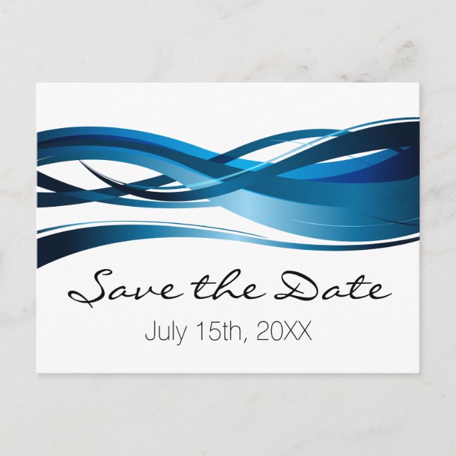 Carte Postale Faire-part Vagues Bleues Mariage Moderne Enregistrer la Date (Devant)