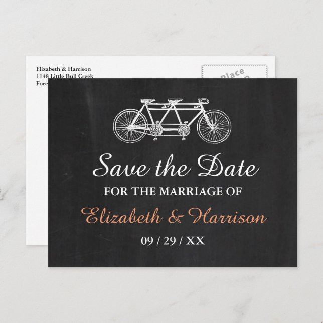 Carte Postale Faire-part Vélo Tandem Sur Chalkboard Mariage Enregistrer La  (Devant / Derrière)