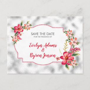 Carte Postale Faire-part Verre Gris Argent Et Fleurs