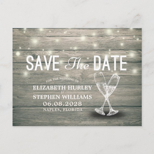 Carte Postale Faire-part Verres à champagne en bois pour mariage "Save The  (Devant)