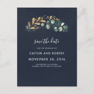 Carte Postale Faire-part Vert, Bleu Marine et Or Vintage Save the Date