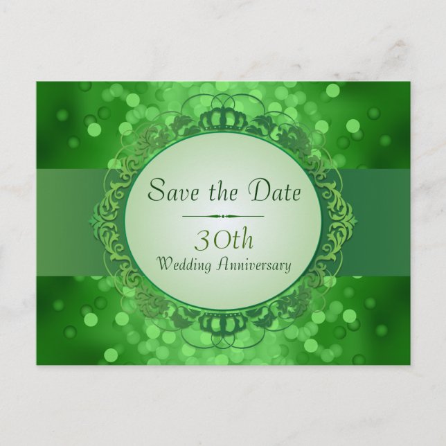 Carte Postale Faire-part Vert Émeraude Bokeh Save the Date 30e Anniversaire (Devant)