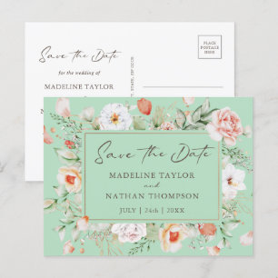 Carte Postale Faire-part Vert menthe et floral pêche Save The Date