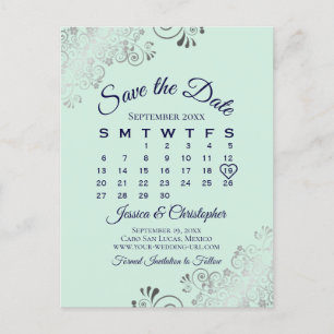 Carte Postale Faire-part Vert menthe et marine Calendrier de mise en garde 