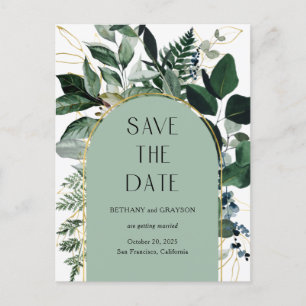 Carte Postale Faire-part Vert sauge, élégant code QR save the date végétati