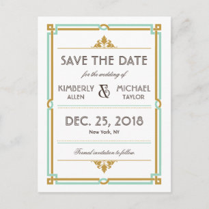 Carte Postale Faire-part Vintage Art Déco Mint & Gold Mariage