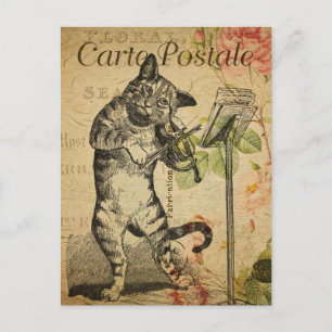 Carte Postale Faire-part vintage chat jouant au violon