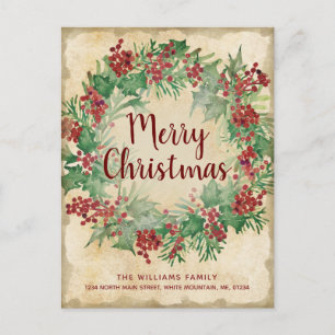 Carte Postale Faire-part Vintage Christmas Green Holly Berry Wreath Moving