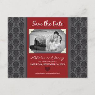 Carte Postale Faire-part Vintage Damask Photo Cranberry Enregistrer la date