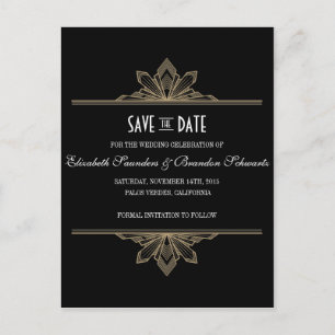 Carte Postale Faire-part Vintage Deco Noir & Or Save the Date