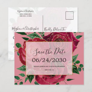 Carte Postale Faire-part Vintage Glam Rouge rose rose Roses mariage Enregis