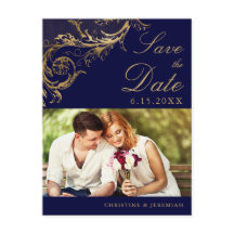 Vintage Navy Blue Gold Damask Photo Enregistrer la