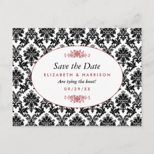 Carte Postale Faire-part Vintage Rouge, Noir & Blanc Damas Enregistrer La D