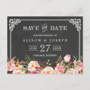 Carte Postale Faire-part Vintage tableau noir floral Enregistrer la date