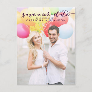 Carte Postale Faire-part Violet manuscrit script photo Enregistrer notre da