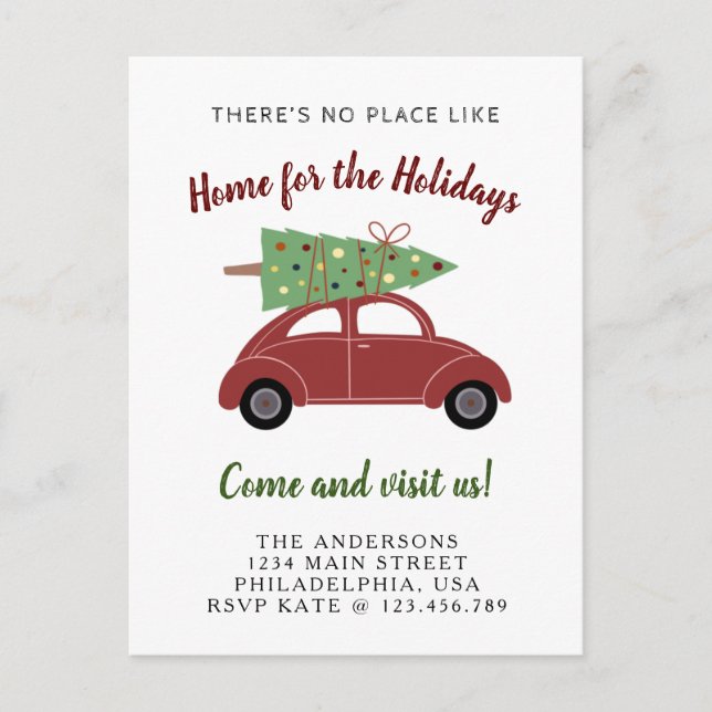 Carte Postale Faire-part Voiture rouge mignonne avec sapin de Noël Holiday  (Devant)